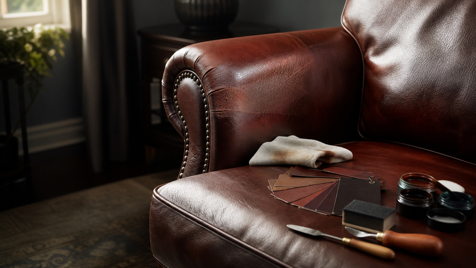 Leather chair with visible wear beside a carefully restored finish